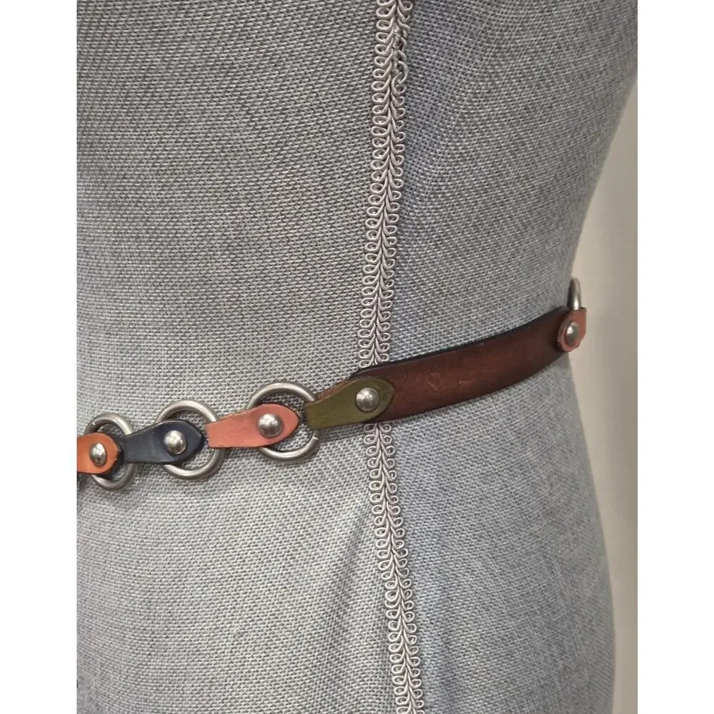 Artisan Leather Link Belt L Brown Multicolor Ring Chain Boho Western Sundance